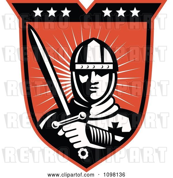 Vector Clip Art of Retro Knight Crusader with a Sword on a Shield
