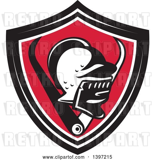 Vector Clip Art of Retro Knight Helmet and Caliper Set in a Black White and Red Shield