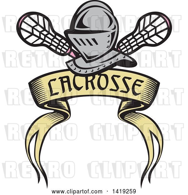 Vector Clip Art of Retro Knight Helmet over Crossed Lacrosse Sticks and a Woodcut Banner