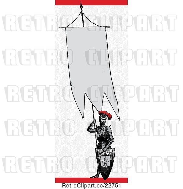 Vector Clip Art of Retro Knight Holding an Announcement Banner over Damask and Red