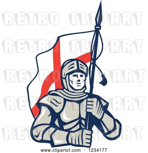 Vector Clip Art of Retro Knight in Full Armor, Carrying an English Flag