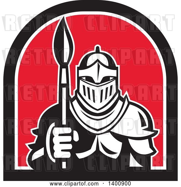 Vector Clip Art of Retro Knight in Full Armor, Holding Paint Brush in a Black White and Red Half Circle