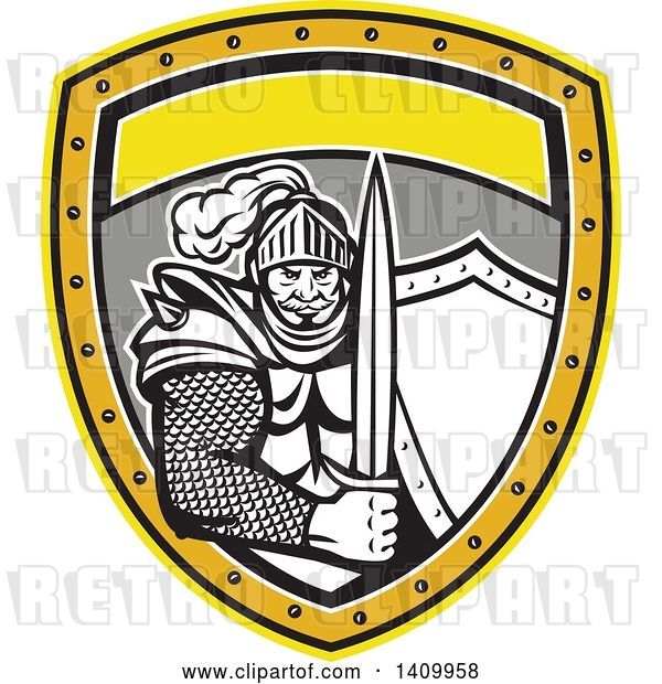 Vector Clip Art of Retro Knight in Full Armor, Holding Sword and Shield Inside a Shield