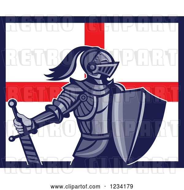 Vector Clip Art of Retro Knight in Full Armor over an English Flag