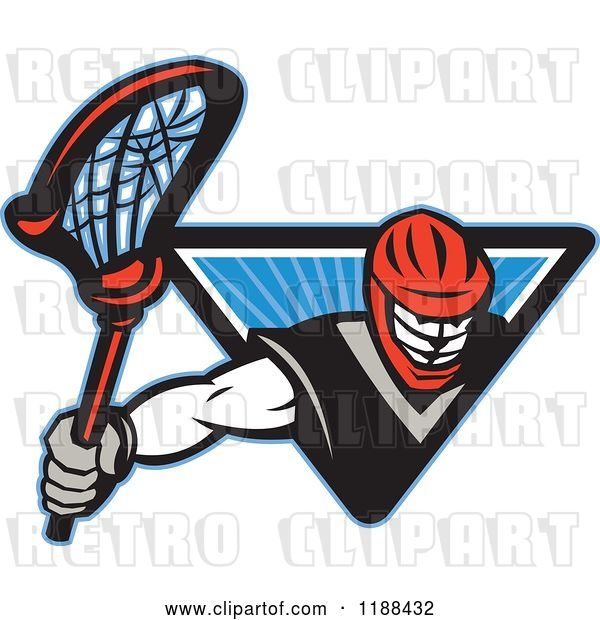 Vector Clip Art of Retro Lacrosse Player Emerging from a Blue Triangle of Rays