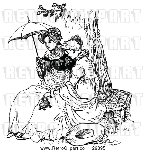 Vector Clip Art of Retro Ladies Sitting on a Tree Bench with a Parasol