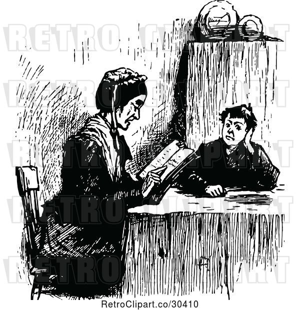 Vector Clip Art of Retro Lady and Boy Reading