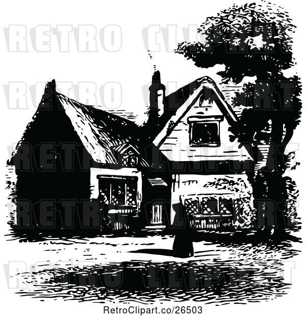 Vector Clip Art of Retro Lady and Country Cottage