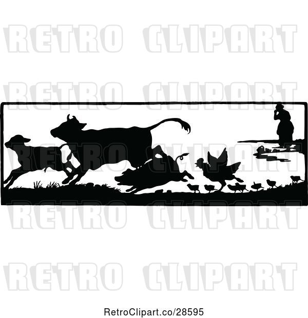 Vector Clip Art of Retro Lady and Running Farm Animals