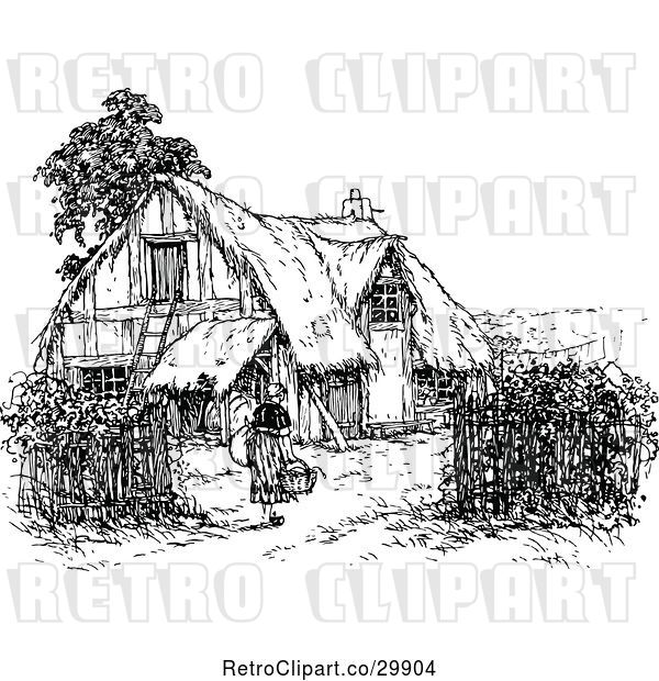 Vector Clip Art of Retro Lady and Thatched Cottage