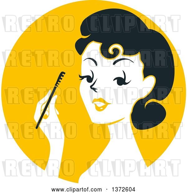 Vector Clip Art of Retro Lady Applying Mascara over a Yellow Circle