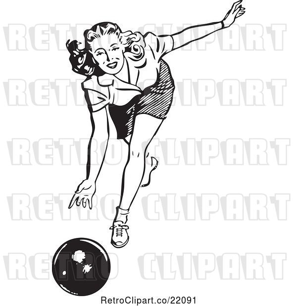 Vector Clip Art of Retro Lady Bowling