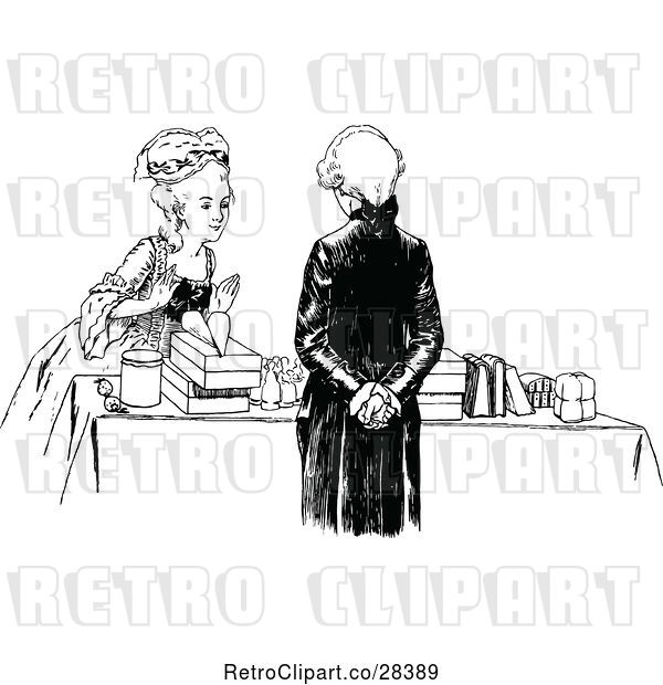 Vector Clip Art of Retro Lady Browsing a Salesmans Table