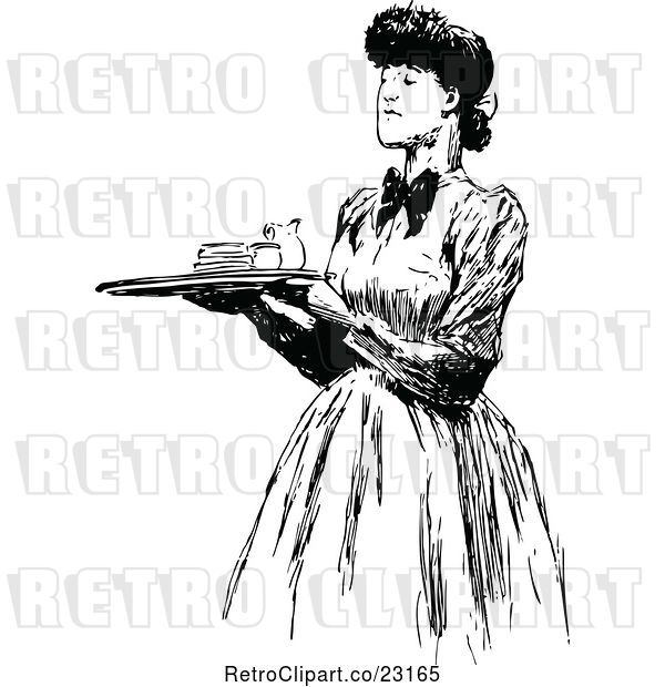 Vector Clip Art of Retro Lady Carrying a Food Service Tray