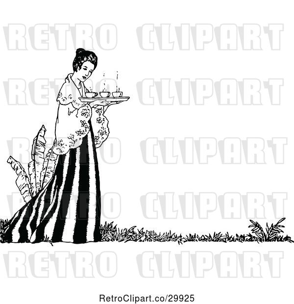 Vector Clip Art of Retro Lady Carrying a Tea Tray