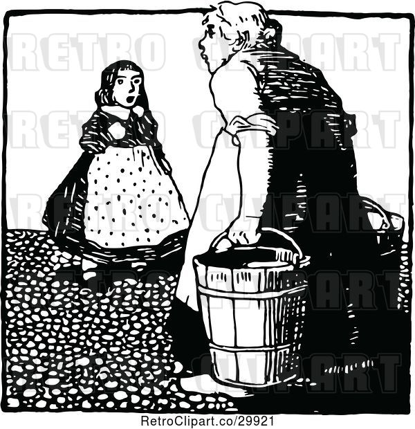 Vector Clip Art of Retro Lady Carrying Buckets and Talking to a Girl