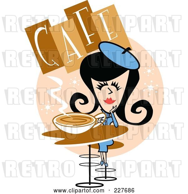 Vector Clip Art of Retro Lady Drinking Coffee in a Cafe