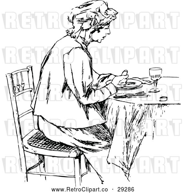 Vector Clip Art of Retro Lady Eating at a Table