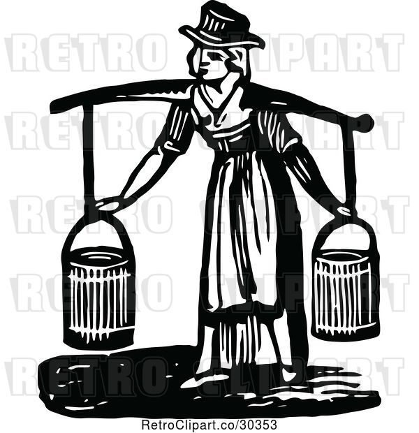 Vector Clip Art of Retro Lady Fetching Water