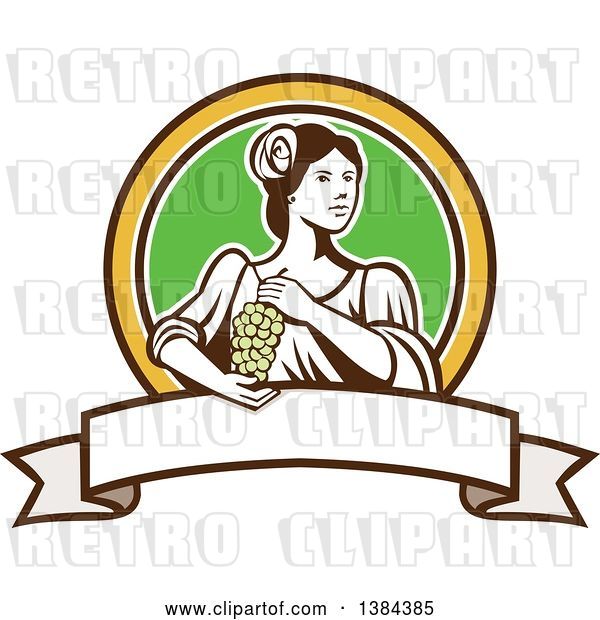 Vector Clip Art of Retro Lady Holding a Bunch of Green Grapes in a Brown Yellow White and Green Circle over a Blank Ribbon Banner