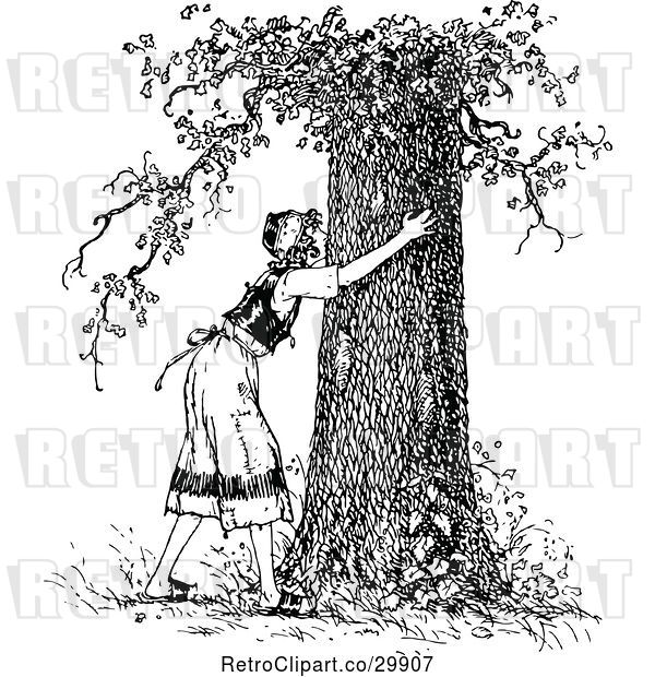 Vector Clip Art of Retro Lady Hugging a Tree