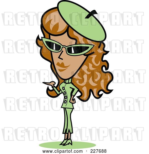 Vector Clip Art of Retro Lady in a Green Hat, Sunglasses and Suit, Standing and Presenting