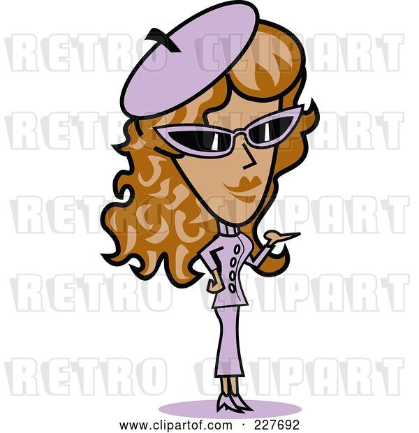 Vector Clip Art of Retro Lady in a Purple Hat, Sunglasses and Suit, Standing and Presenting