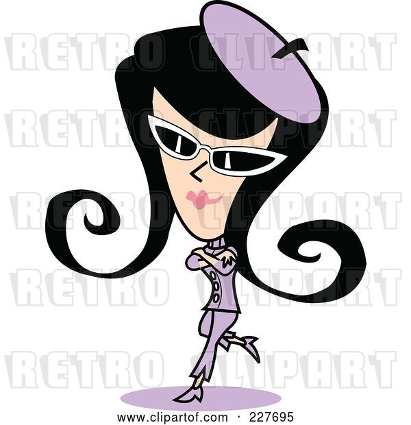 Vector Clip Art of Retro Lady in a Purple Suit, Hat and Shades, Leaning with Her Arms Crossed