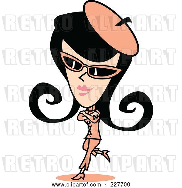 Vector Clip Art of Retro Lady in a Salmon Pink Hat, Shades and Suit, Leaning with One Leg Back and Her Arms Crossed
