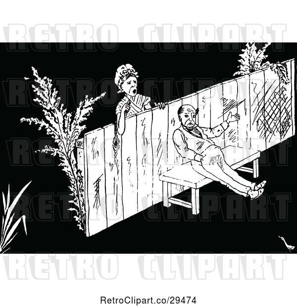 Vector Clip Art of Retro Lady Looking at a Grumpy Guy on the Other Side of a Fence