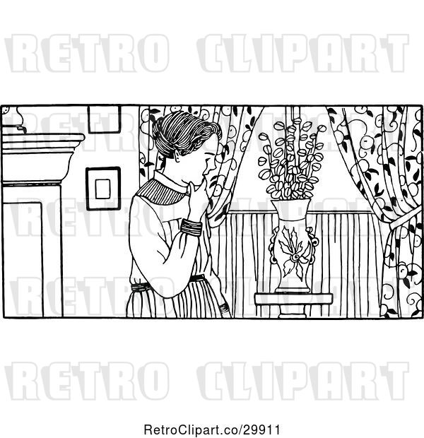 Vector Clip Art of Retro Lady Looking at a Vase