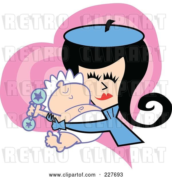 Vector Clip Art of Retro Lady Mom Hugging Her Baby over a Heart