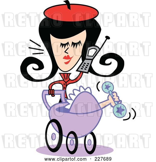 Vector Clip Art of Retro Lady Mother Pushing a Baby Pram and Talking on a Cell Phone