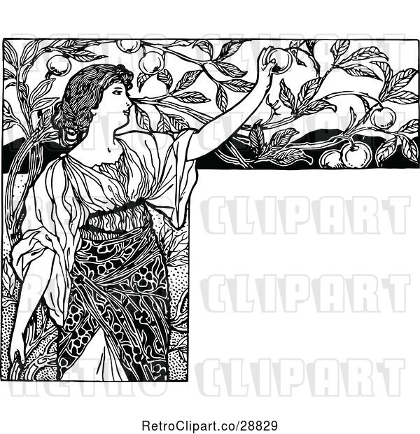Vector Clip Art of Retro Lady Picking Fruit with Copyspace