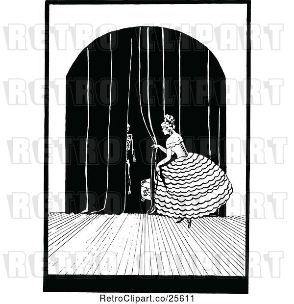 Vector Clip Art of Retro Lady Pulling Back Curtains on Stage