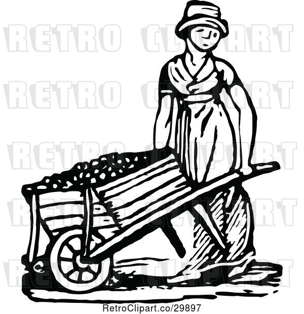 Vector Clip Art of Retro Lady Pushing a Wheelbarrow