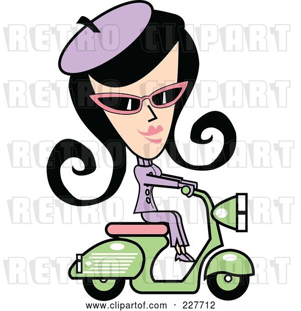 Vector Clip Art of Retro Lady Riding a Green Scooter
