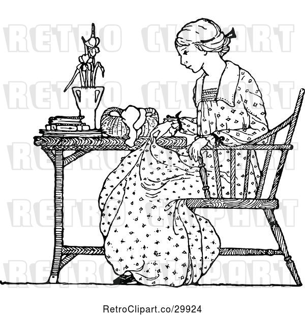 Vector Clip Art of Retro Lady Seated at a Table