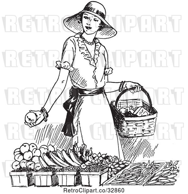 Vector Clip Art of Retro Lady Shopping for Produce