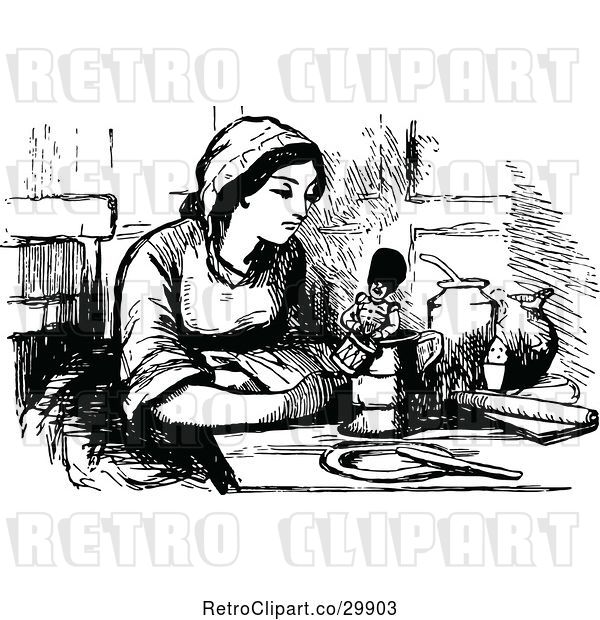 Vector Clip Art of Retro Lady Sitting at a Table with a Drummer Boy Toy