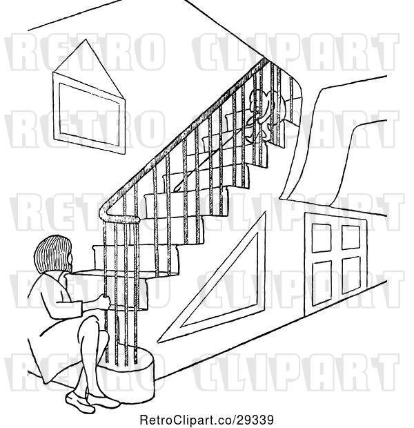 Vector Clip Art of Retro Lady Sitting at the Bottom of Stairs at a Child