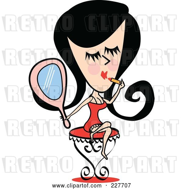 Vector Clip Art of Retro Lady Sitting on a Stool and Applying Lipstick