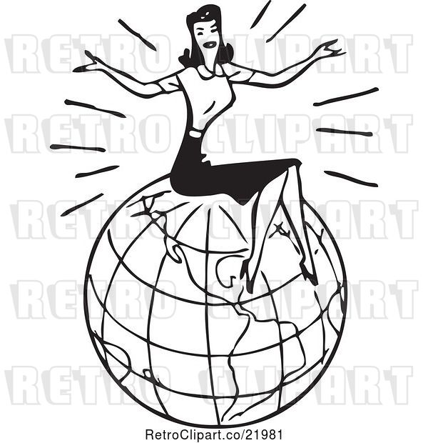 Vector Clip Art of Retro Lady Sitting on Top of a Globe