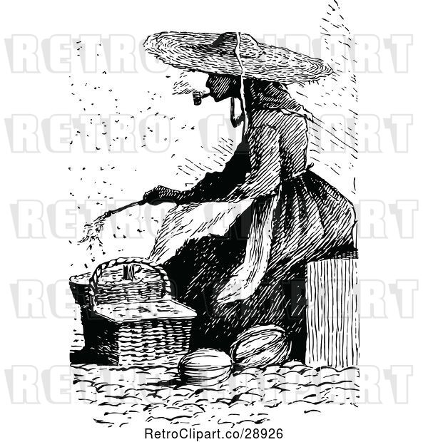Vector Clip Art of Retro Lady Smoking a Pipe and Sitting by Baskets