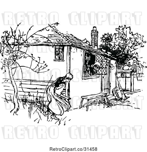 Vector Clip Art of Retro Lady Talking to Another Through a Cottage Window