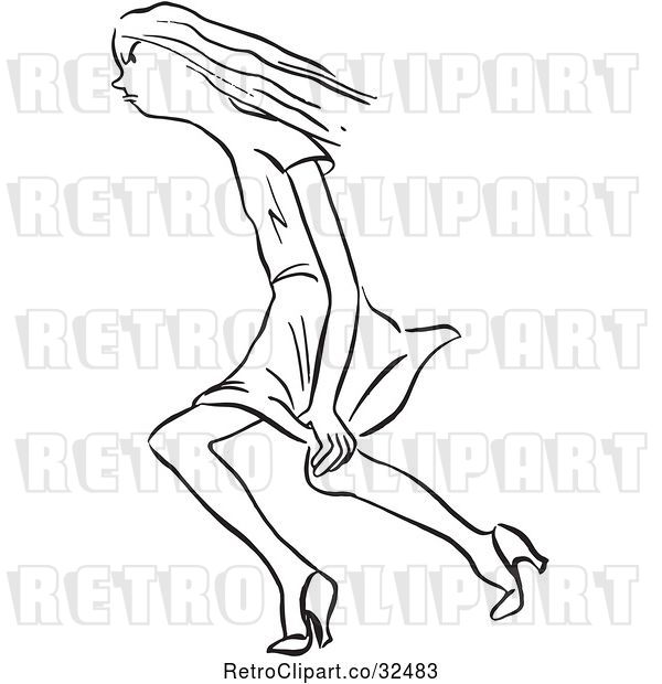 Vector Clip Art of Retro Lady Trying to Keep Her Dress down in the Wind
