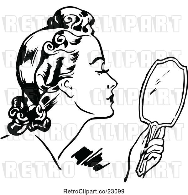 Vector Clip Art of Retro Lady Using a Hand Mirror