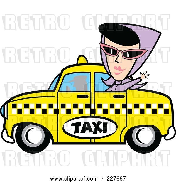 Vector Clip Art of Retro Lady Waving and Riding in a Taxi Cab