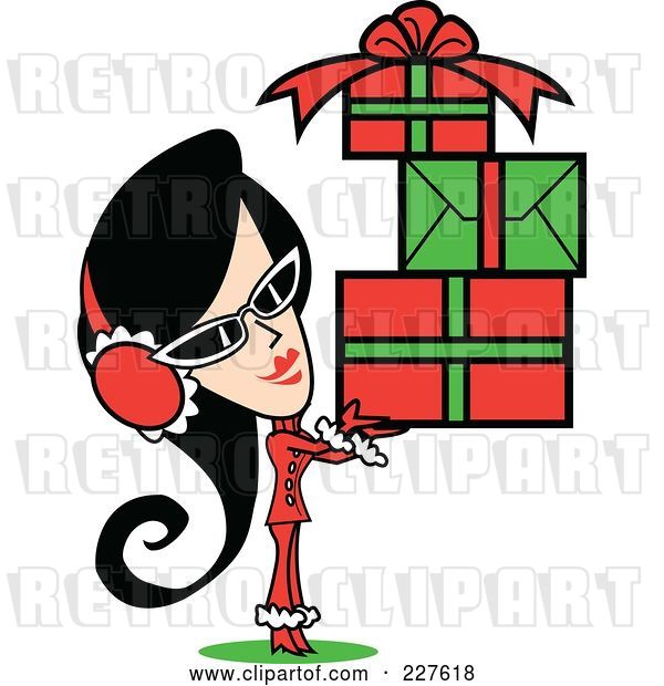 Vector Clip Art of Retro Lady Wearing a Santa Suit and Carrying a Pile of Christmas Gifts
