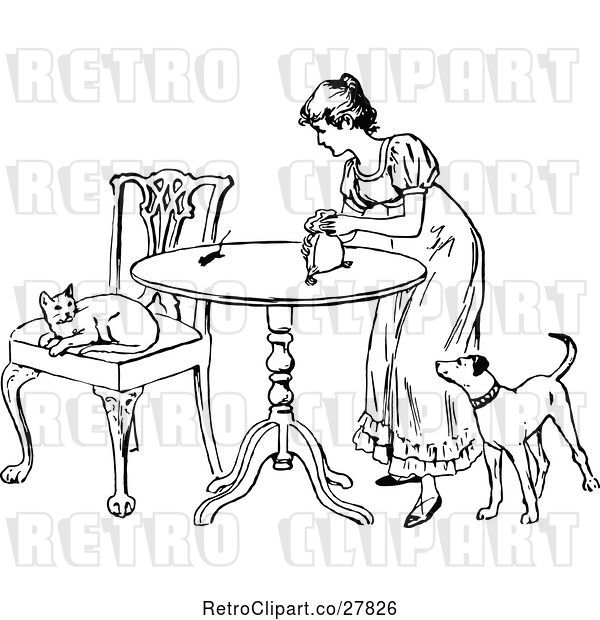 Vector Clip Art of Retro Lady with a Mouse Cat and Dog